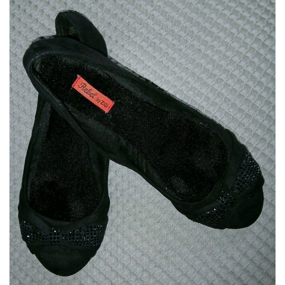 REBEL BY ZIGI Women 9M Black Sparkle Glamor Bow Suede Velvety Slip On Flat Shoes